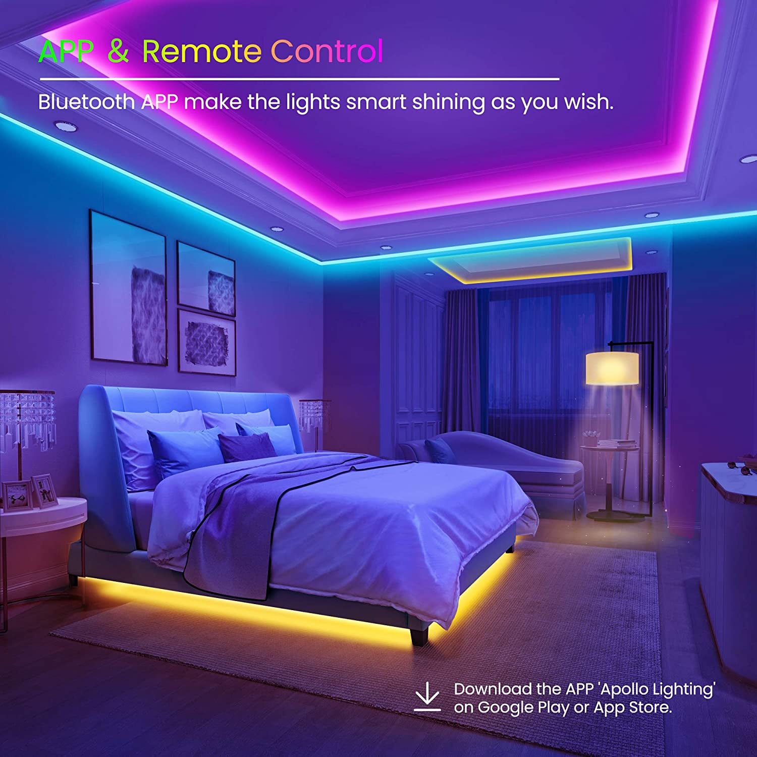 50 FT Bluetooth LED Strip Lights - Color Changing Light Strip with Music Sync, App & Remote Control for Bedroom Ambiance