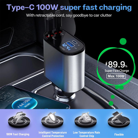 4-in-1 Retractable 100W Fast Car Charger with Integrated iPhone and Type-C Cables and Dual Charging Ports