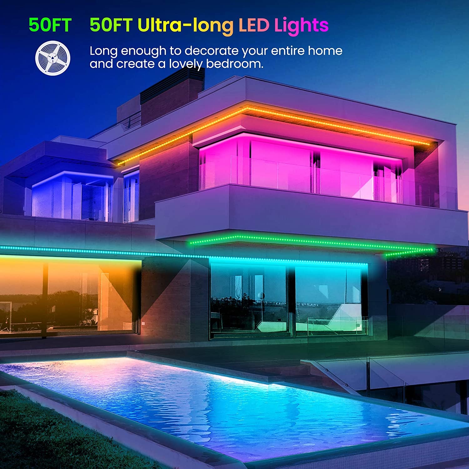 50 FT Bluetooth LED Strip Lights - Color Changing Light Strip with Music Sync, App & Remote Control for Bedroom Ambiance